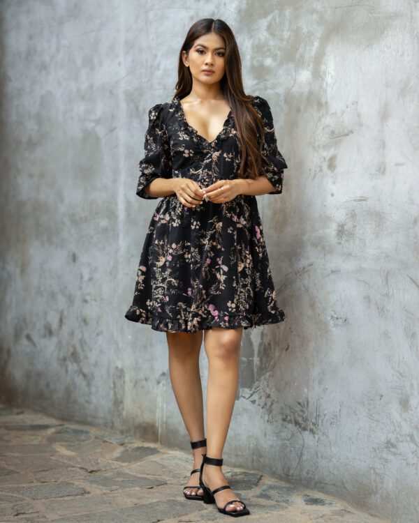 FLOUNCE SLEEVES PRINTED SHORT DRESS