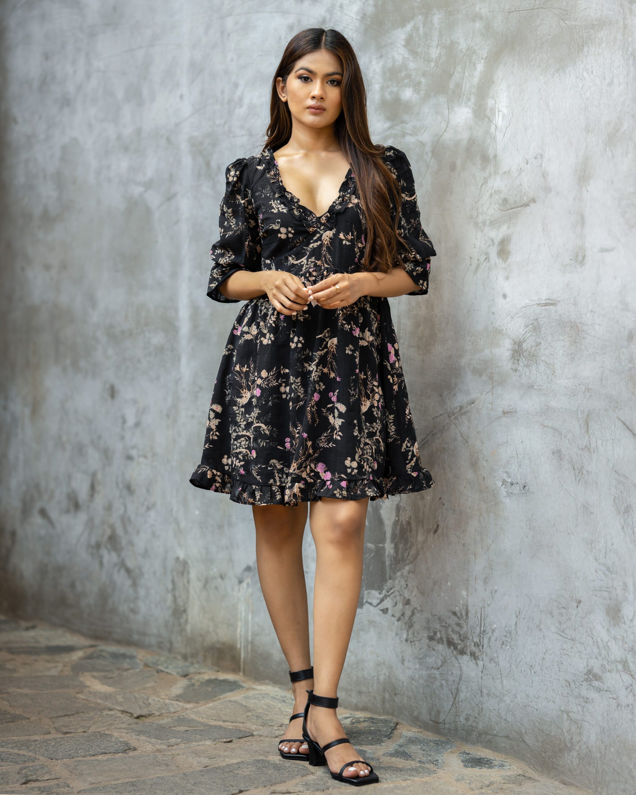 FLOUNCE SLEEVES PRINTED SHORT DRESS