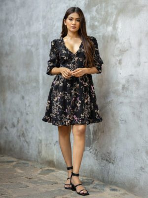 FLOUNCE SLEEVES PRINTED SHORT DRESS