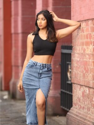 DAILY SLIT DENIM MIDI SKIRT