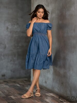 HYBRID SHOULDER SMOCKED WAIST CHAMBRAY DRESS