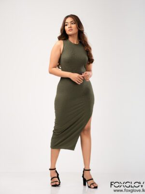 SIDE OPEN RIBBED MIDI DRESS