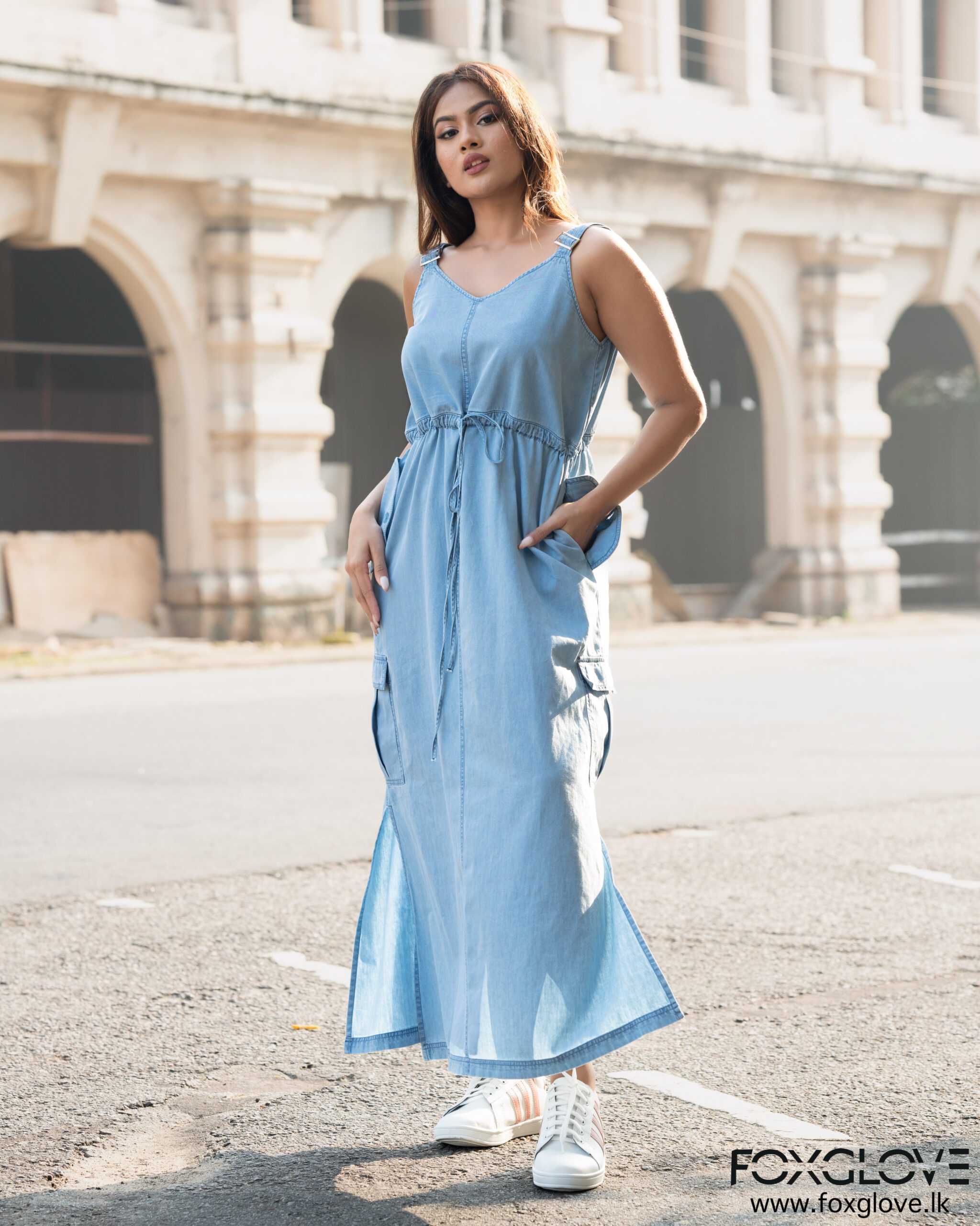 CARGO POCKET DETAILS DENIM LONG DRESS