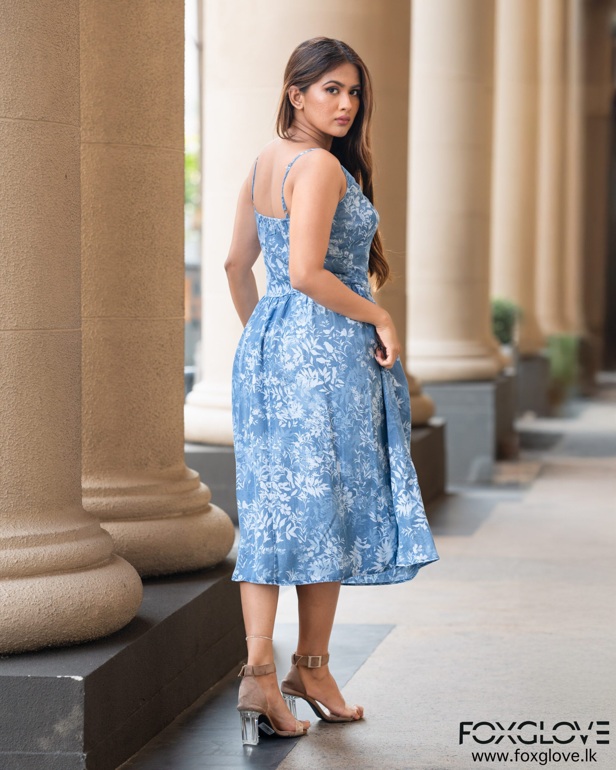 BUTTON UP PRINTED DENIM CAMI MIDI DRESS