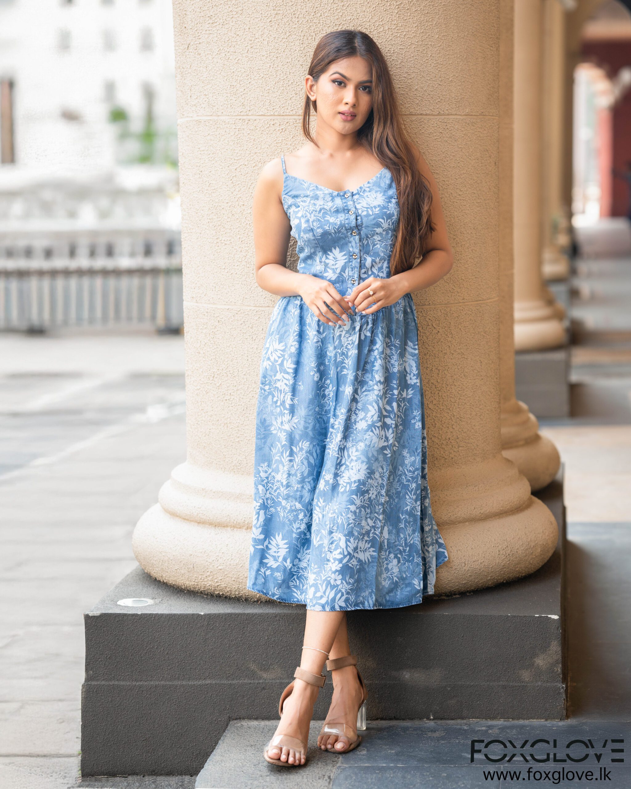 BUTTON UP PRINTED DENIM CAMI MIDI DRESS
