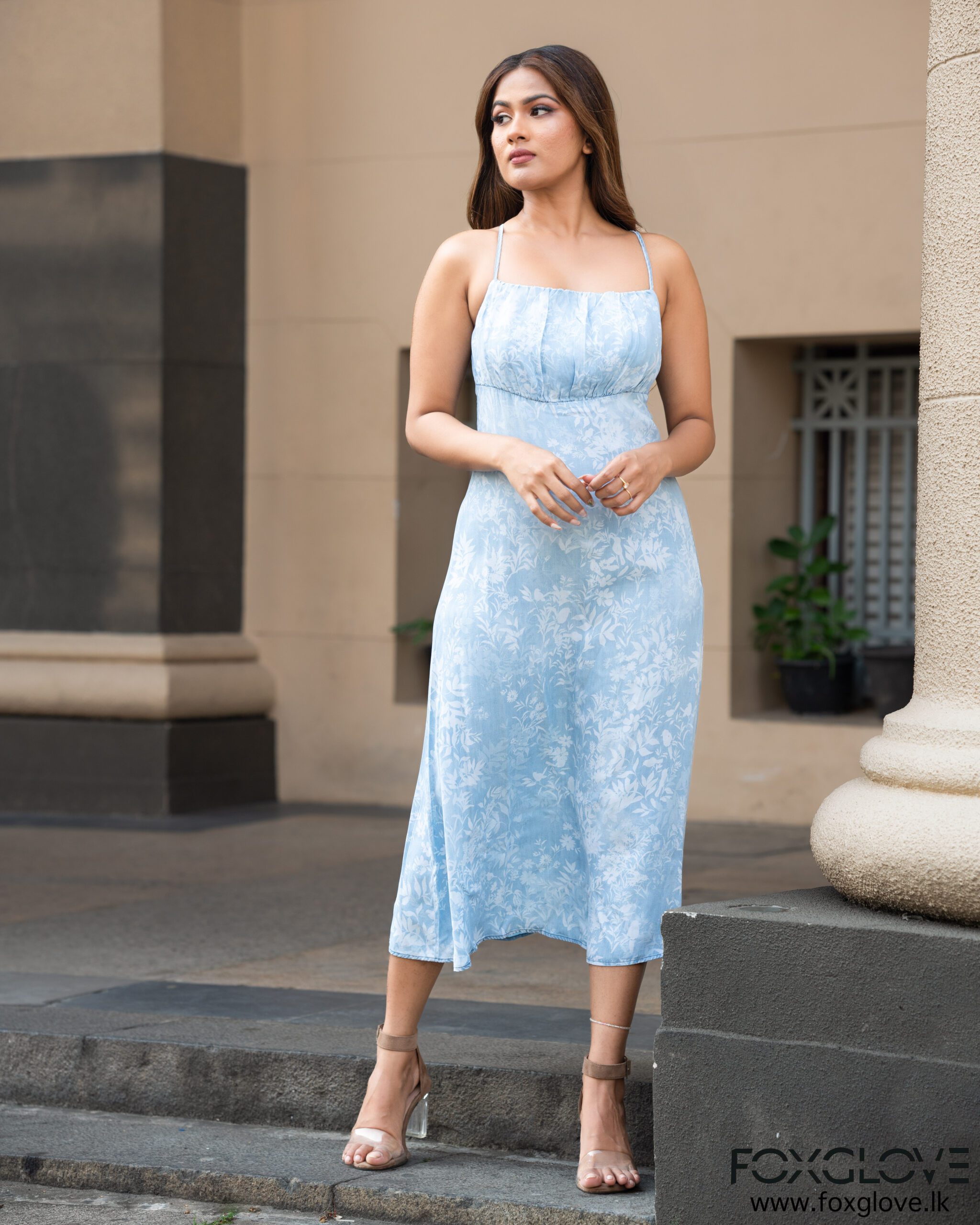 PINTUCK FLORAL CAMI DRESS WITH BACK DETAILS