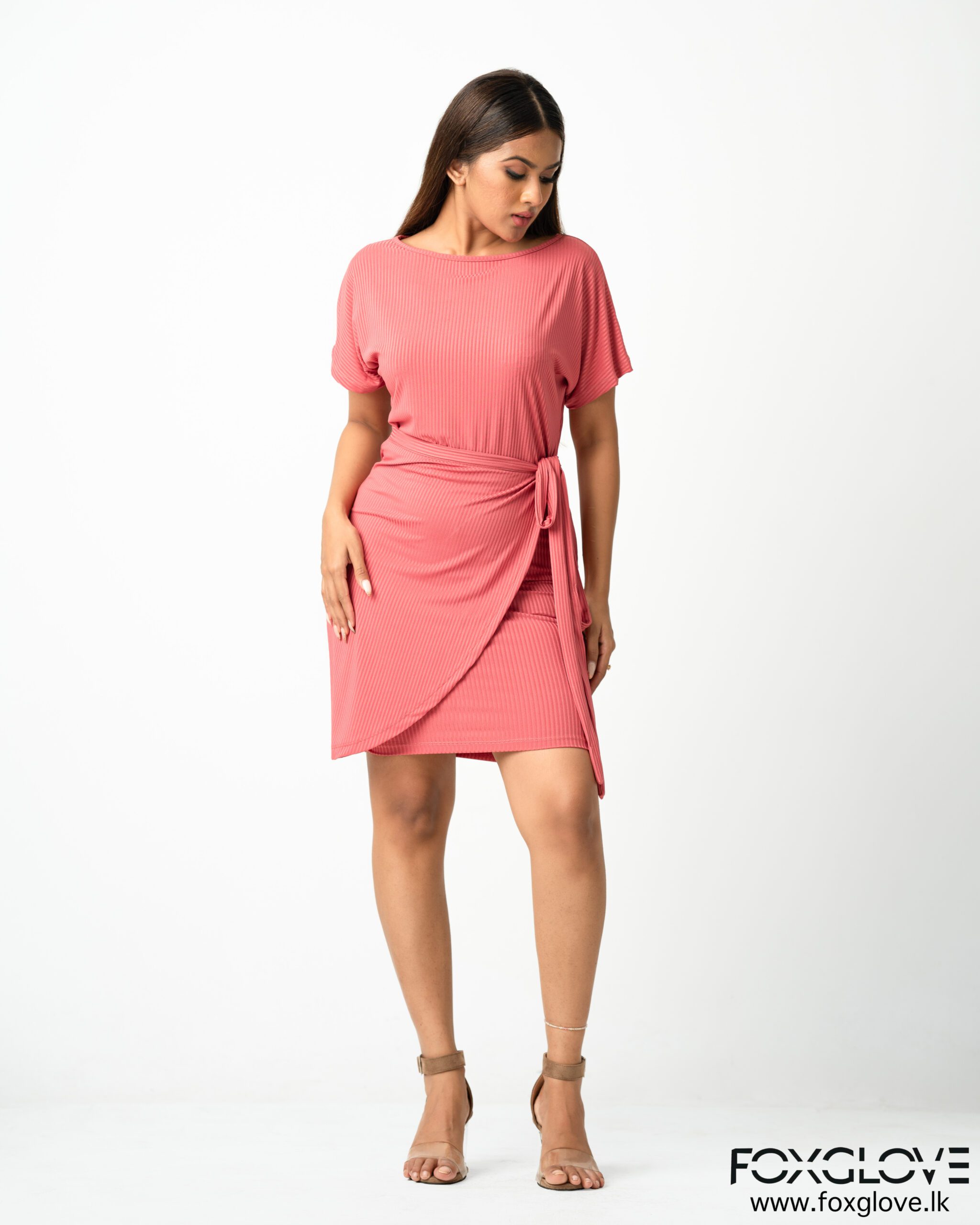 BATWING SLEEVE KNOT SIDE WRAP HEM DRESS