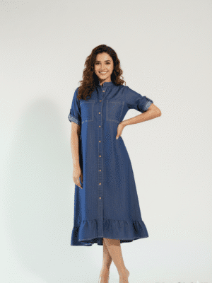 YUMI BLUE RELAXED FIT CHAMBRAY HI-LOW DRESS