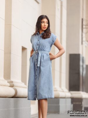BUTTON DOWN BELTED DENIM DRESS
