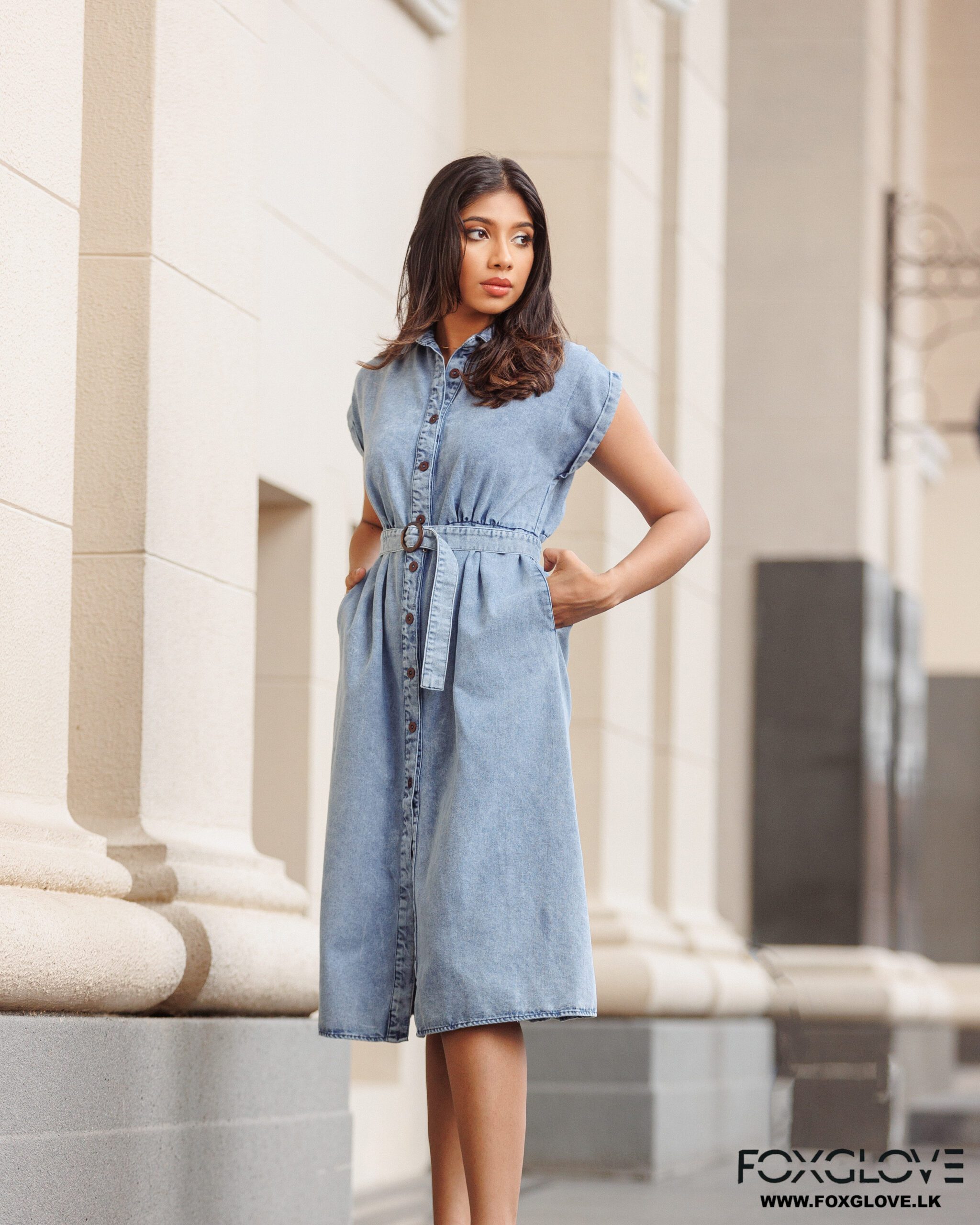 BUTTON DOWN BELTED DENIM DRESS