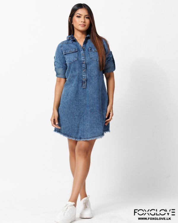FRAYED HEM ROLLED UP SLEEVES DENIM SHIRT DRESS - Image 2
