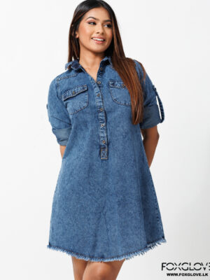 FRAYED HEM ROLLED UP SLEEVES DENIM SHIRT DRESS