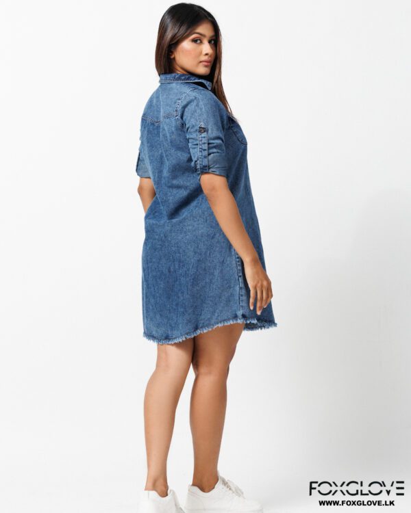 FRAYED HEM ROLLED UP SLEEVES DENIM SHIRT DRESS - Image 3