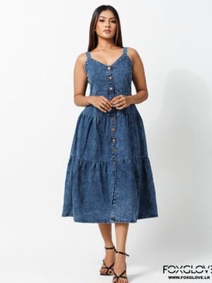 BUTTON DOWN SLEEVELESS TIERED DENIM DRESS