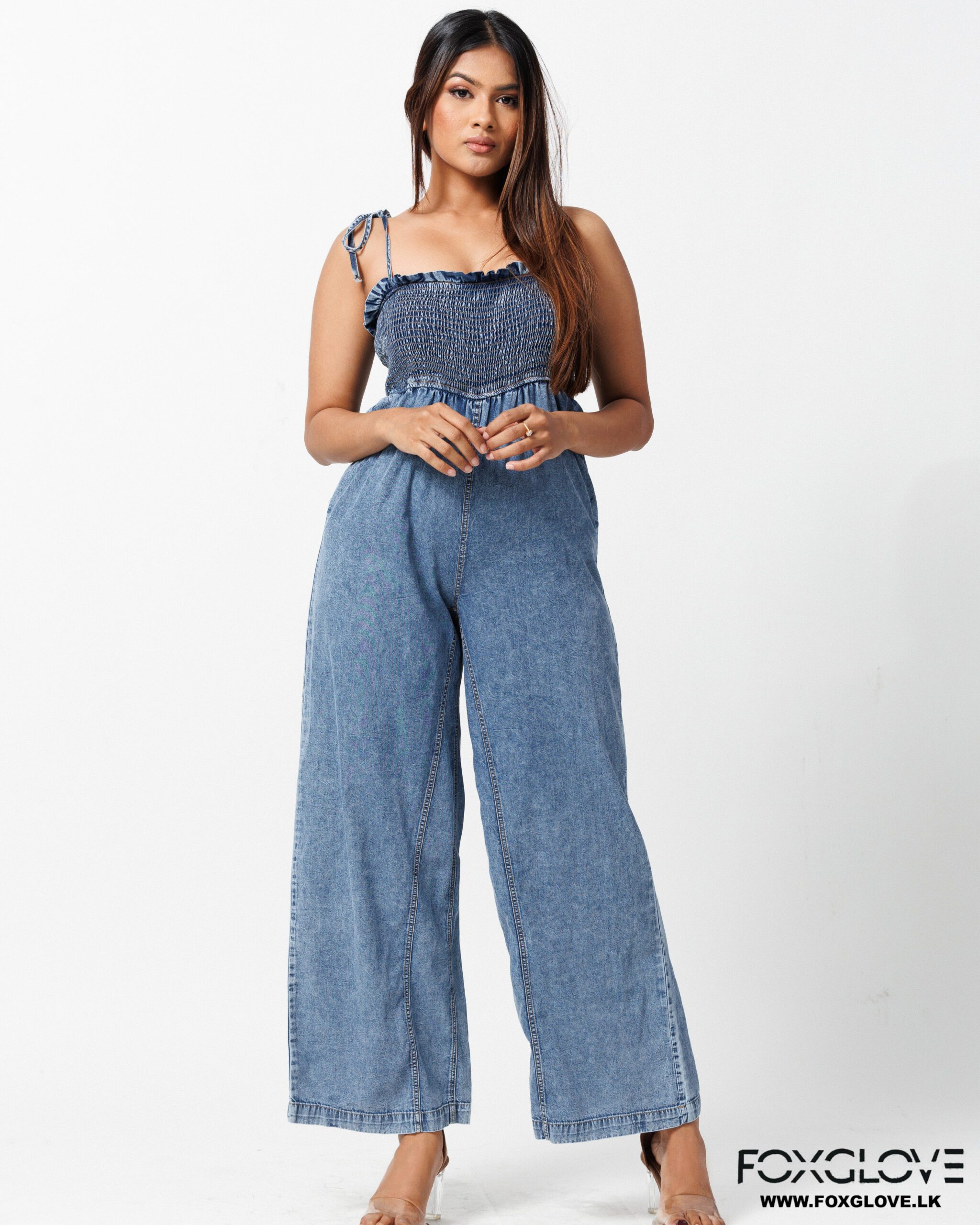 SMOCKED CHAMBRAY JUMSUIT