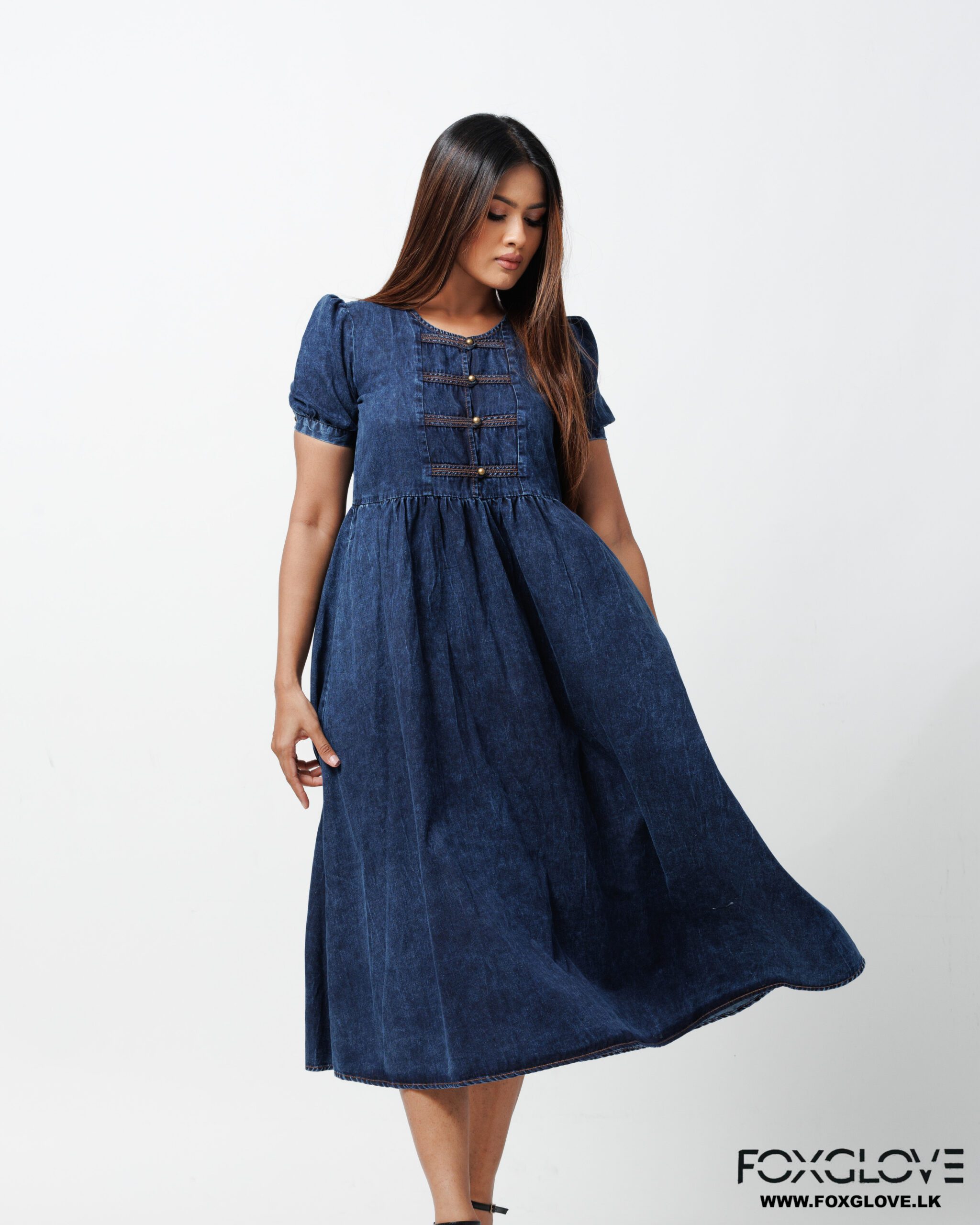 FRENCH NAVY WAIST EXTRA GATHERED MIDI DRESS - Image 2
