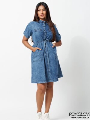 FRENCH BLUE POCKETS TIE WAIST DRESS