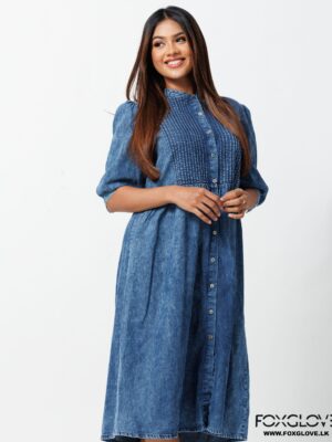 PINTUCK TOP BUTTON DOWN CHAMBRAY DRESS