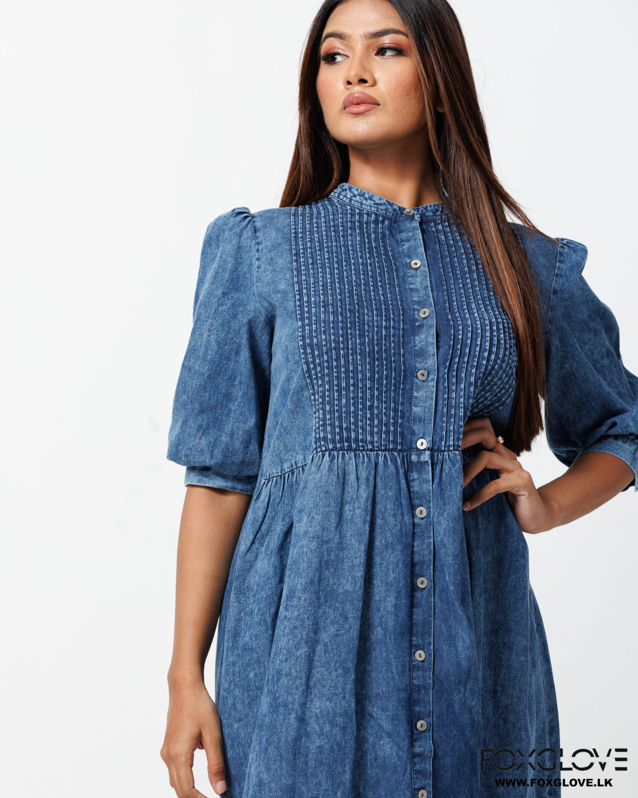 PINTUCK TOP BUTTON DOWN CHAMBRAY DRESS - Image 2
