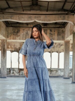 NECK DETAILS TIERED CHAMBRAY DRESS