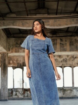 SQUARE NECK DENIM MIDI DRESS