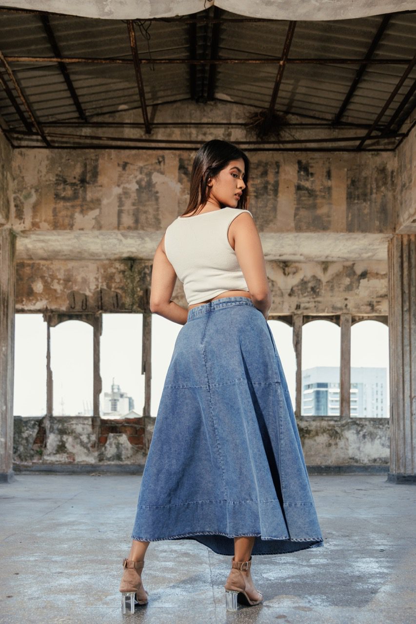 HIGH WAIST WASHED DENIM LONG SKIRT