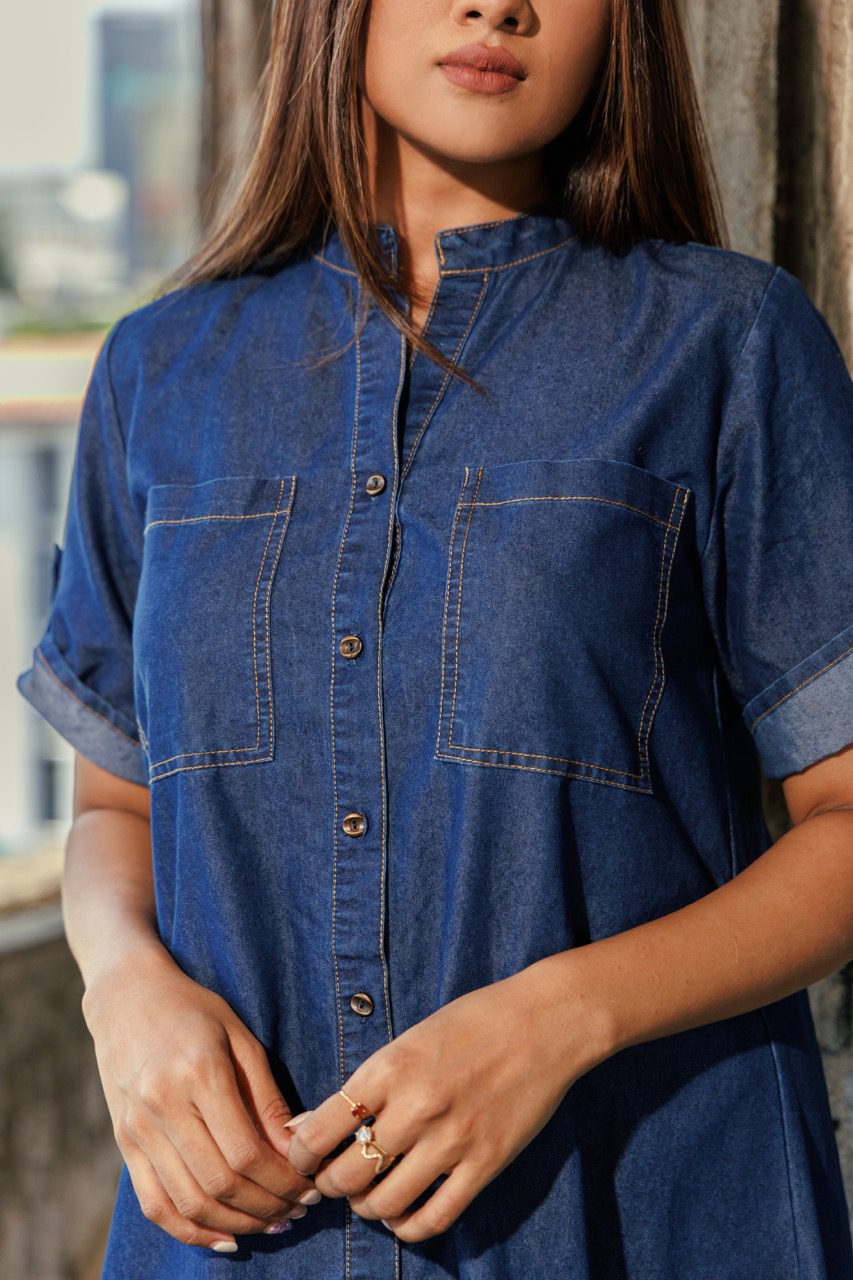 YUMI BLUE RELAXED FIT CHAMBRAY HI-LOW DRESS - Image 2