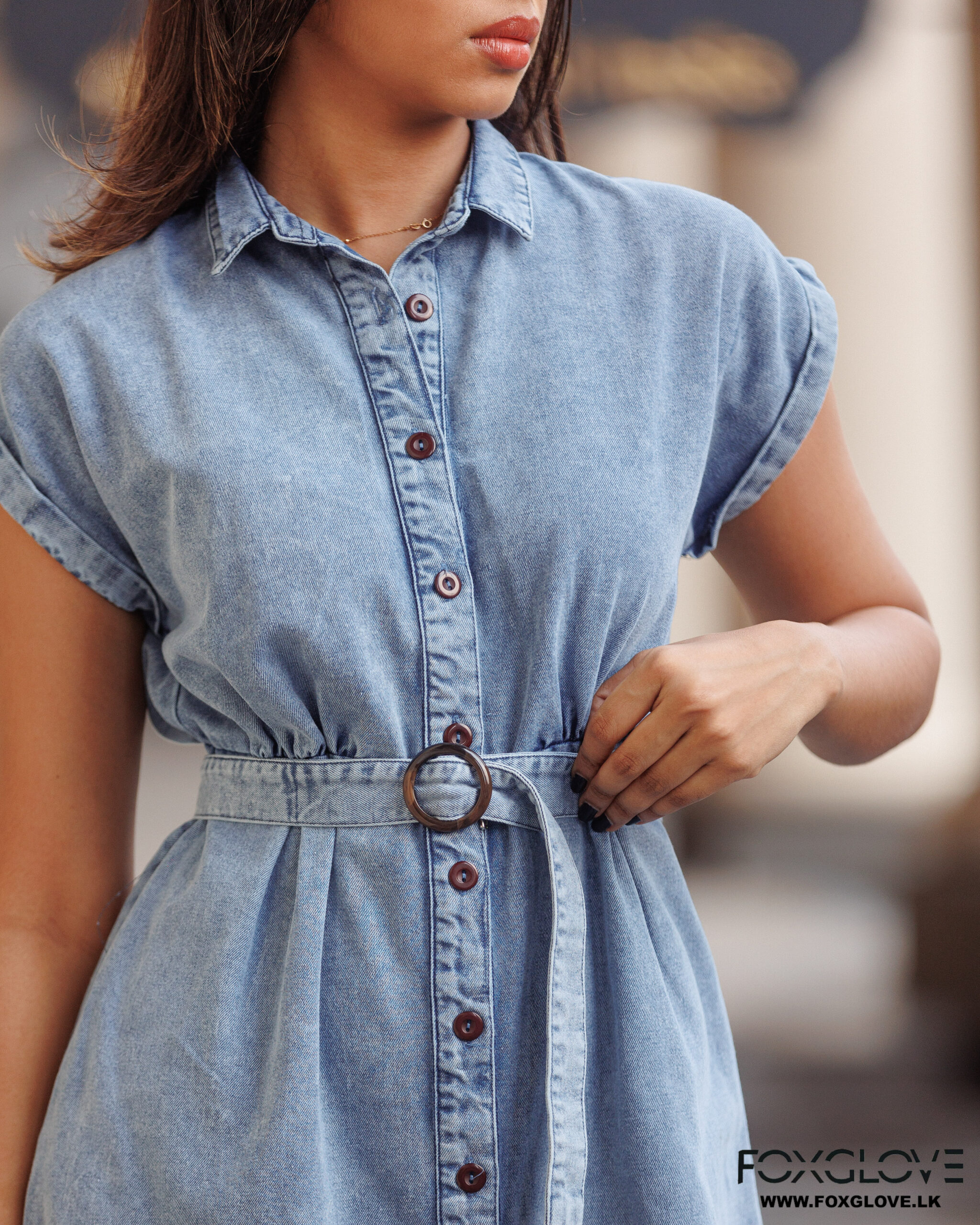 BUTTON DOWN BELTED DENIM DRESS