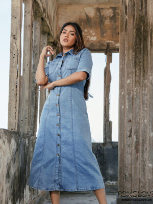 SHORT SLEEVE BUTTON DOWN DENIM SHIRT DRESS