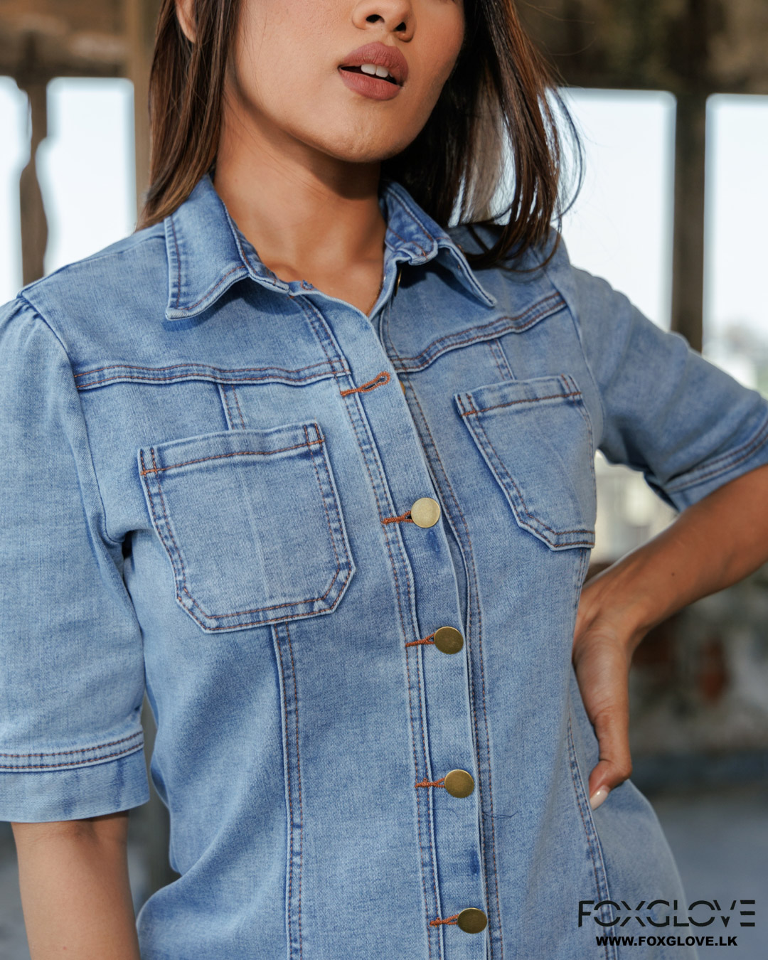 SHORT SLEEVE BUTTON DOWN DENIM SHIRT DRESS - Image 2