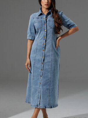 SHORT SLEEVE BUTTON DOWN DENIM SHIRT DRESS