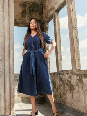 BLUE BELTED DENIM SHIRT DRESS