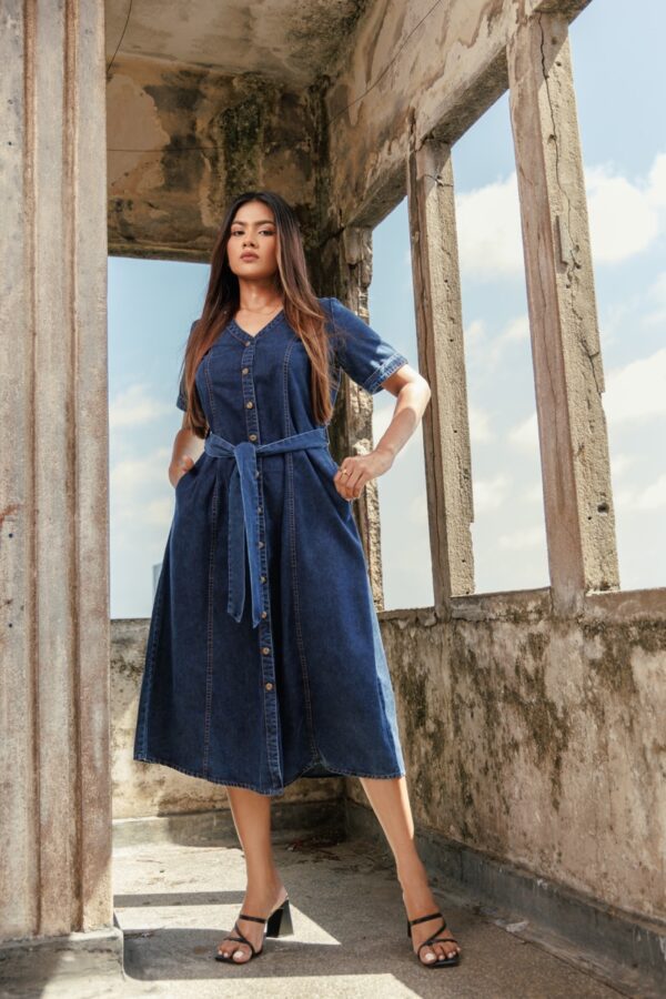 BLUE BELTED DENIM SHIRT DRESS