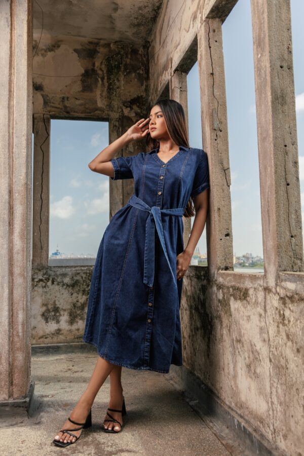 BLUE BELTED DENIM SHIRT DRESS