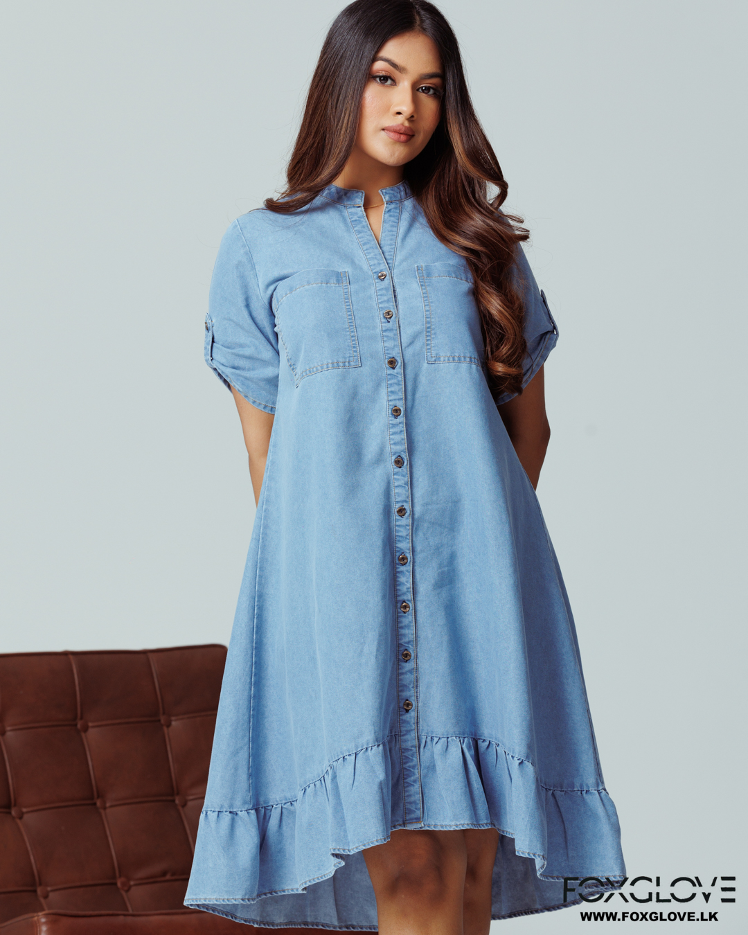 YUMI BLUE RELAXED FIT CHAMBRAY HI-LOW DRESS