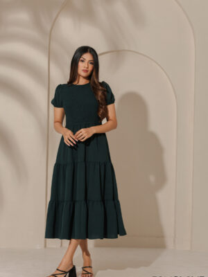 SMOCKED TIERED MIDI DRESS WITH MELON SLEEVES