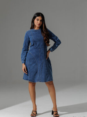 DECORATIVE STITCHING DETAILS DENIM DRESS