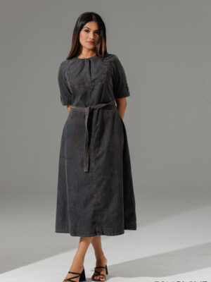 BLACK CHAMBRAY BELTED MIDI DRESS