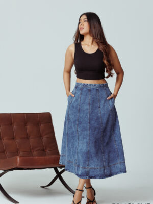 DENIM FIT & FLARE LONG DENIM SKIRT
