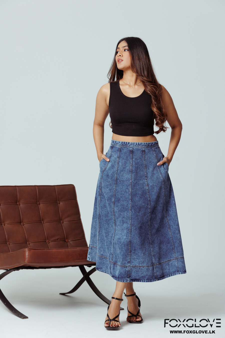 DENIM FIT & FLARE LONG DENIM SKIRT