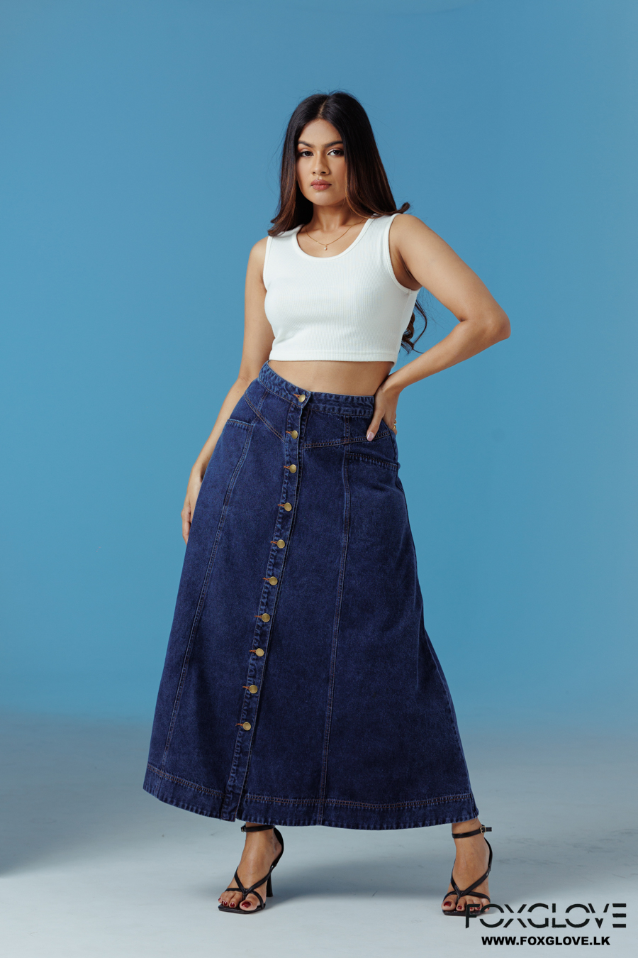 FRONT BUTTON OPEN DENIM MAXI SKIRT - Image 4