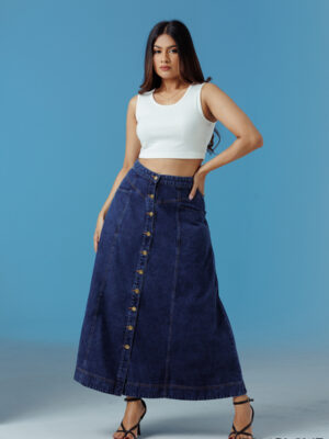 FRONT BUTTON OPEN DENIM MAXI SKIRT