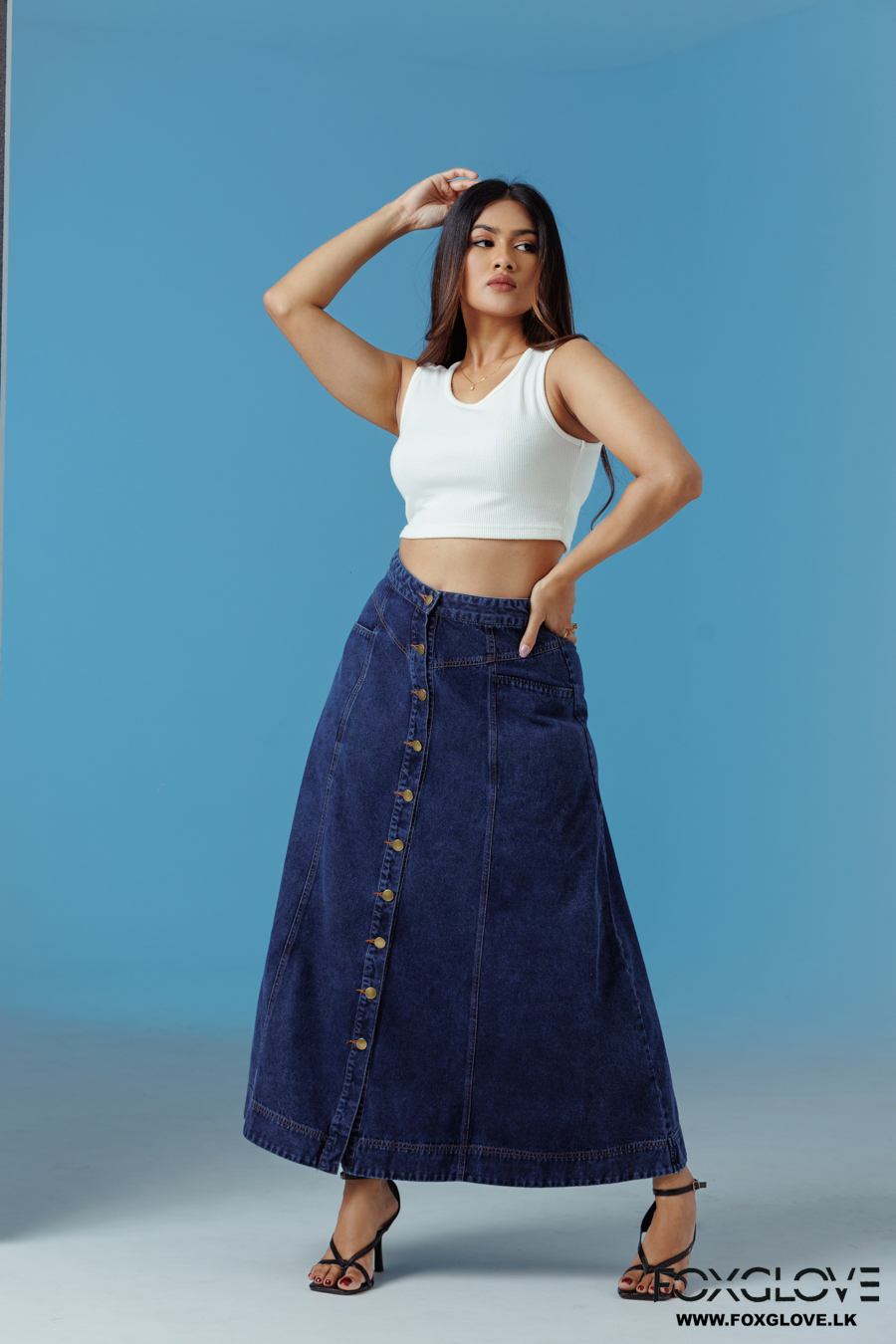 FRONT BUTTON OPEN DENIM MAXI SKIRT - Image 3