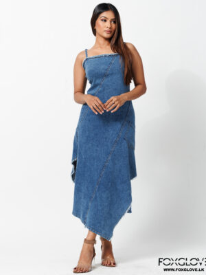 ASYMMETRICAL SIDES OPEN STRAPPY DENIM DRESS