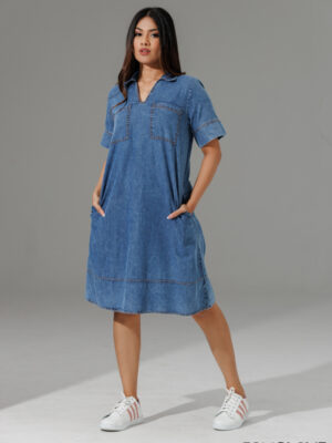 SHORT SLEEVE COLLARED PATCH POCKET DENIM DRESS