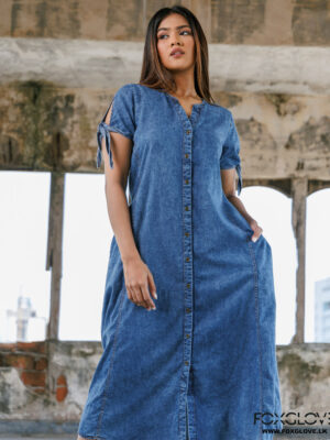 TIE UP SLEEVES BUTTON FRONT CHAMBRAY SHIRT DRESS