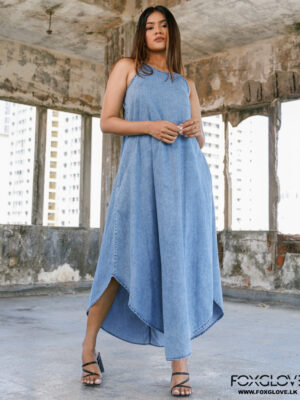 HALTER NECK CHAMBRAY MAXI SUNDRESS