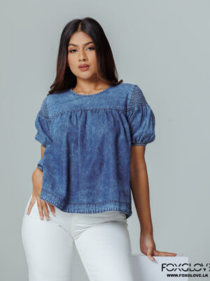 LIZA SMOCKED PUFF SLEEVE CHAMBRAY TOP