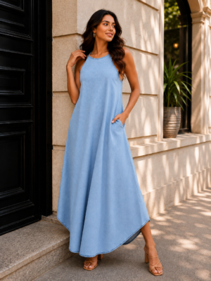 HALTER NECK CHAMBRAY MAXI SUNDRESS