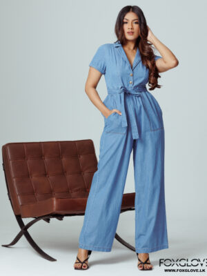LAPEL COLLARED WIDE LEG CHAMBRAY JUMPSUIT